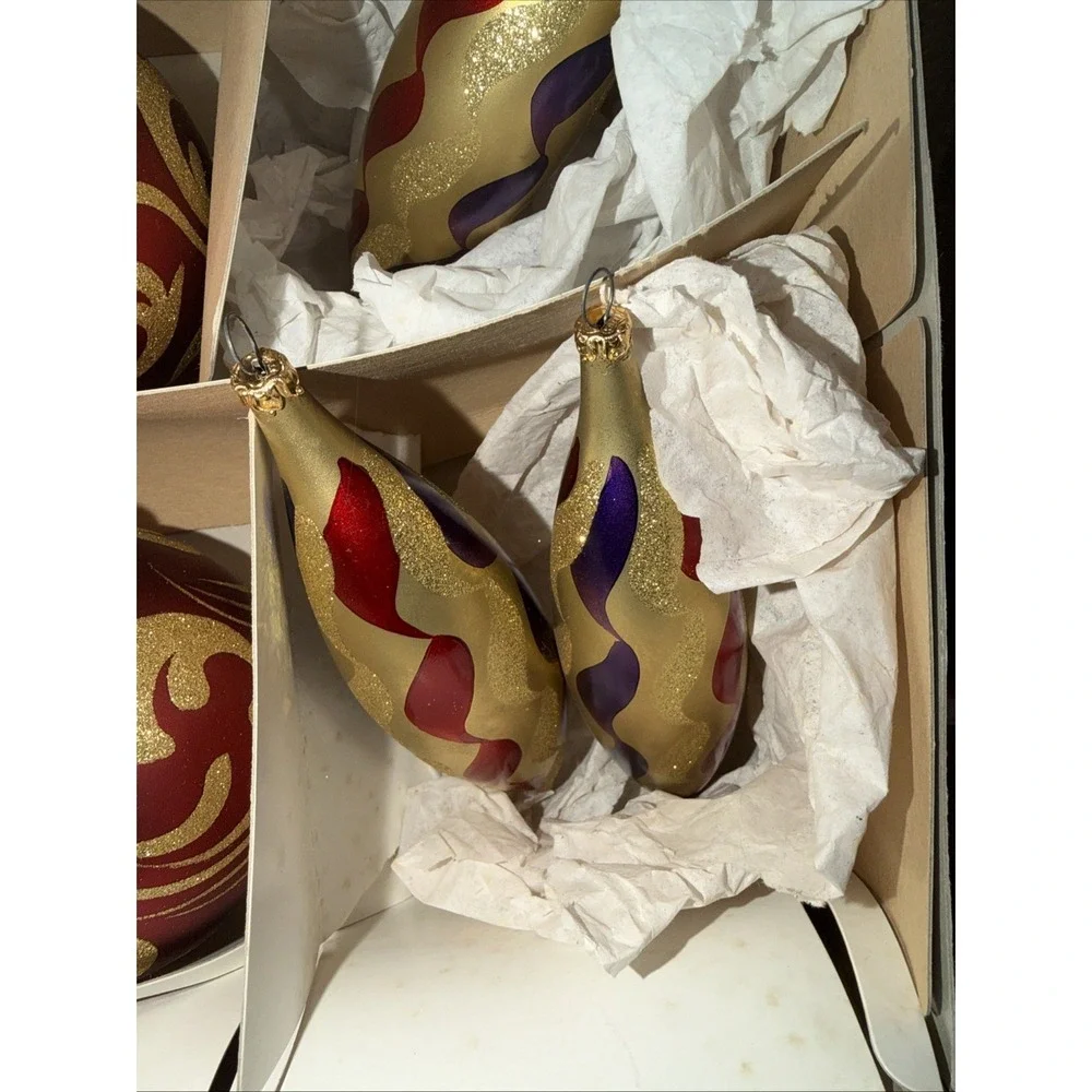 Christmas Ornaments Set of 4 Glitter Red & Gold,  3 Teardrop Swirls Blown Glass